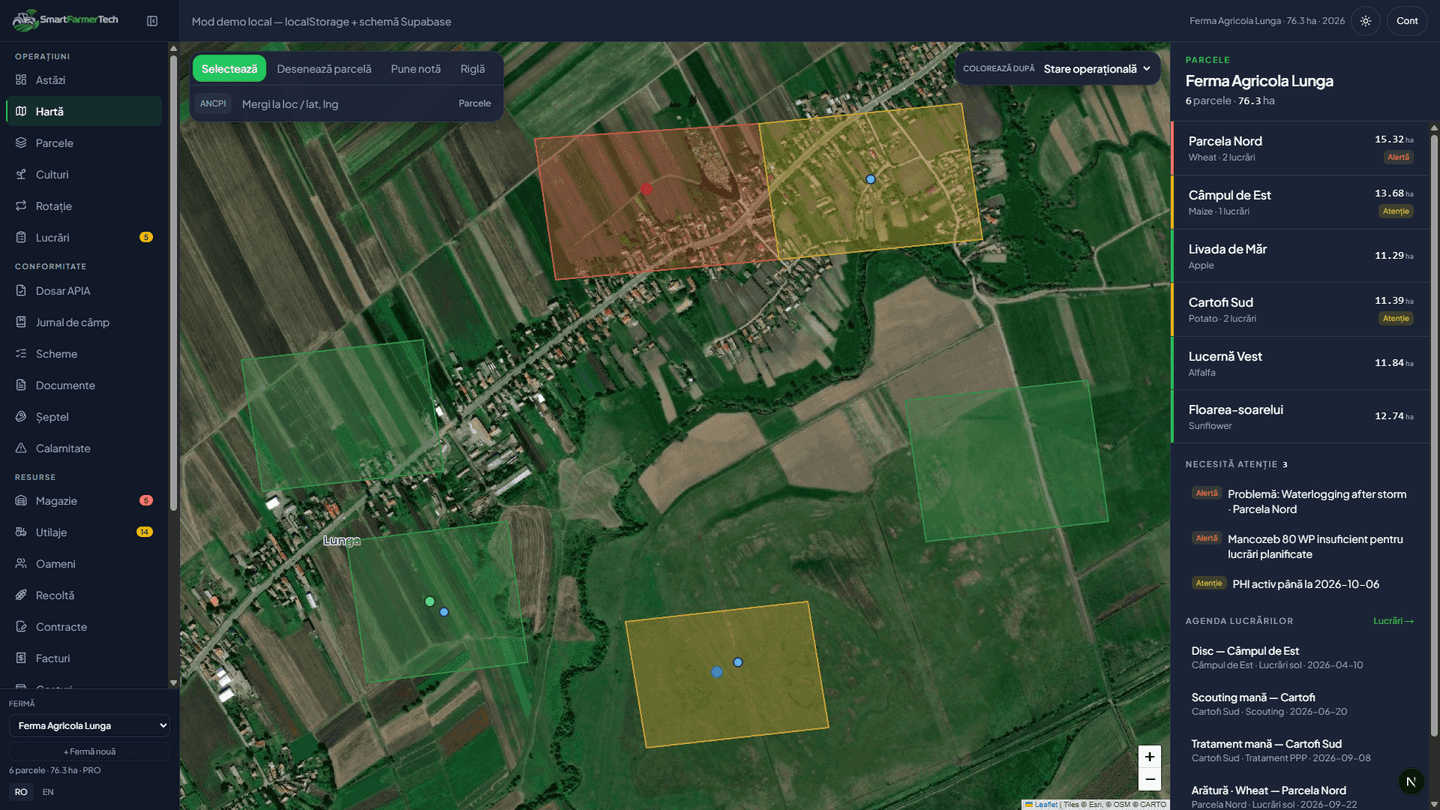 Hartă satelit SmartFarmerTech cu parcelele fermei și agenda lucrărilor